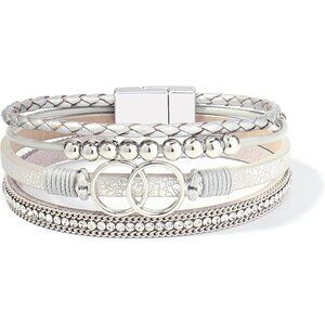 Women's Silver Boho Leather Wrap Stackable Chunky Crystal Cuff Bracelets